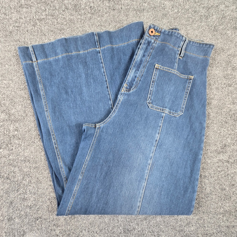 Halara Wide Leg Jeans Womens Large Blue Denim Stretch High Rise Patch Pocket